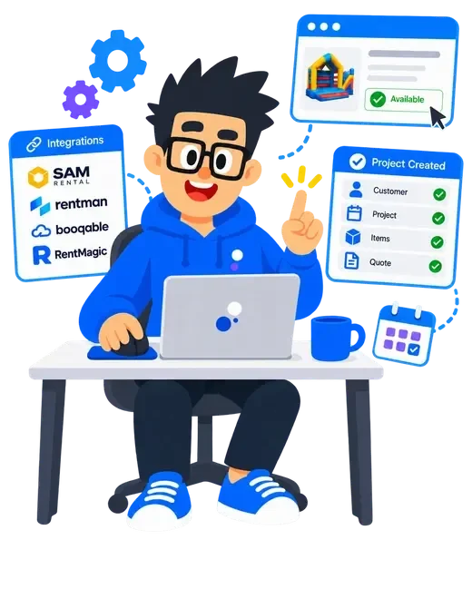 Illustration of the Software agent at a laptop with rental software integrations.